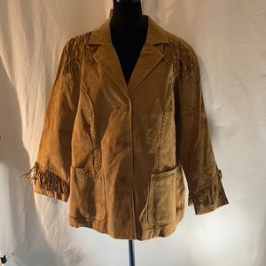 Denim & Co. Washable Suede 3-Button Fringe Jacket, Camel Color , 2X